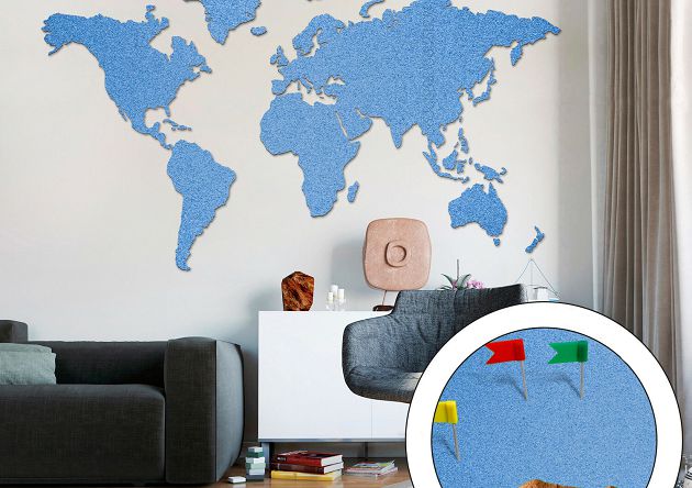 korkowa mapa świata 200x105cm niebieska samoprzylepna