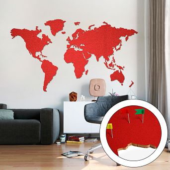 korkowa mapa świata 200x105cm czerwona samoprzylepna